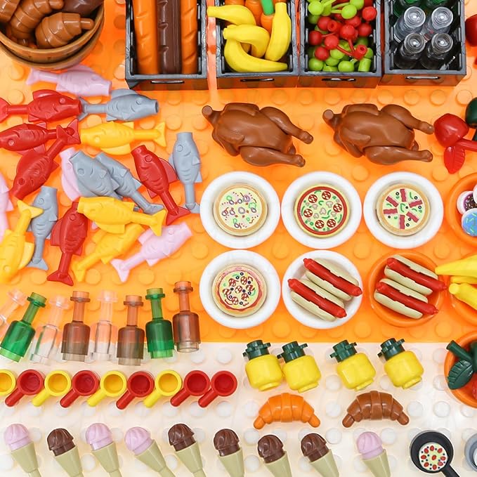 180pcs City-Friends Brick-Food-Pieces -Fruit-Apple-Banana-Pineapple-Cherry Desserts-Ice Cream-Cake-Sweet Cone Picnic--Pizza-Hotdogs-Turkey-Fish-Beer-Money Toys for Extra Bricks