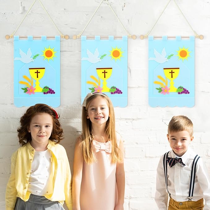 12 Set First Communion Banner Craft Kit Felt Holy 1st Communion Banner Church and Sunday School Crafts for Kids DIY Craft Supplies Decor, 9 x 12 Inches(Vibrant Color)