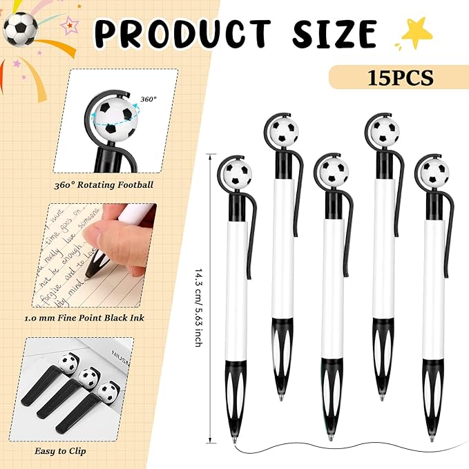 Sabary 30 Pcs Sport Theme Party Favors Set, 15 Pcs Soccer Pens 15 Pcs Soccer Theme Bracelets Ballpoint Pens Adjustable Bracelet Sport Party Gifts for Kids Teens Team Members (Black)