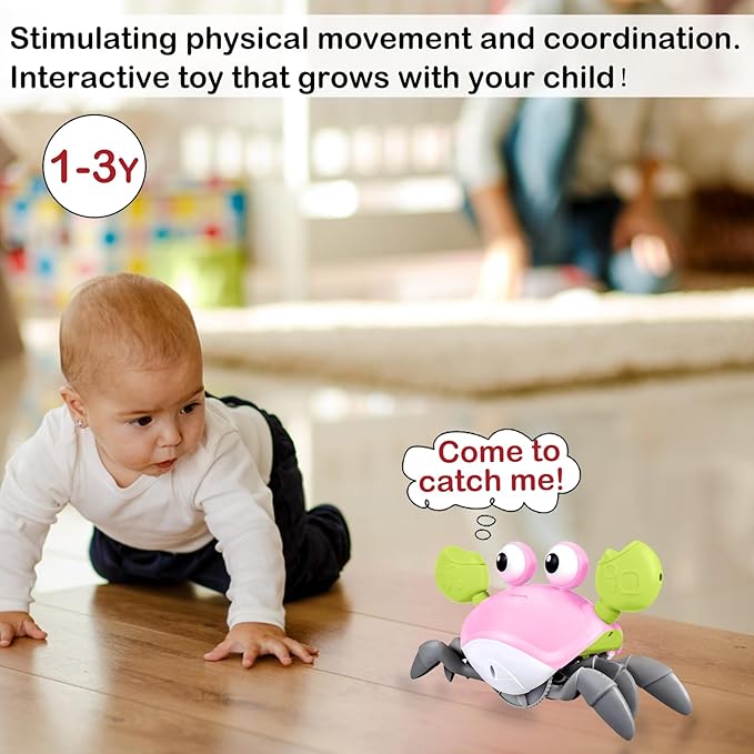 Plnmlls Crawling Crab Baby Toy - Tummy Time Toys - with Music and LED Light,Built-in Rechargeable Battery and Volume Can be Turned Off for 0-6 6-12 12-18 36 Months Walking Toddler Birthday Gift(Pink)