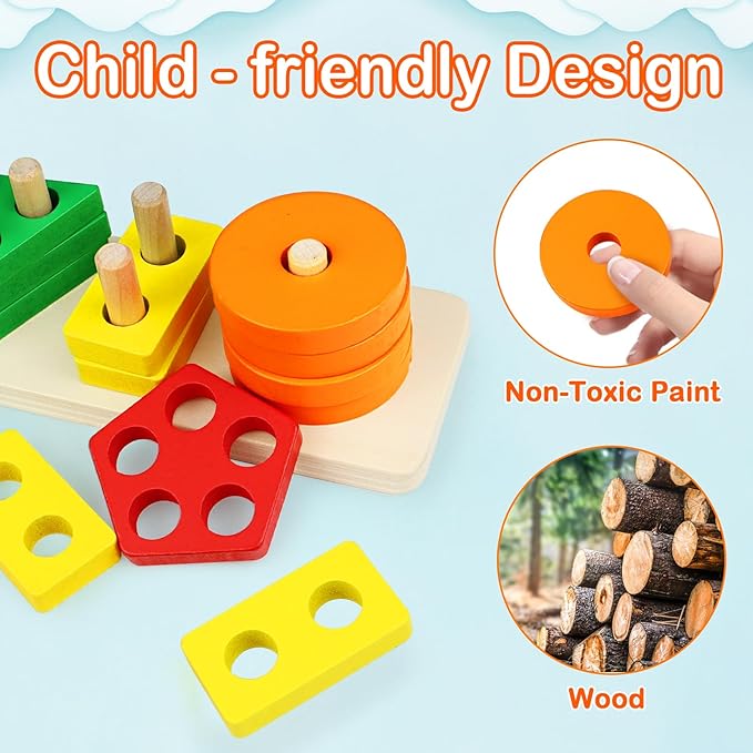 PEBIRA Montessori Toys for 1 to 3-Year-Old Boys Girls Toddlers, Wooden Sorting & Stacking Toys for Toddlers and Kids Preschool, Educational Toys, Color Recognition Shape Sorter, Learning Puzzles Gift
