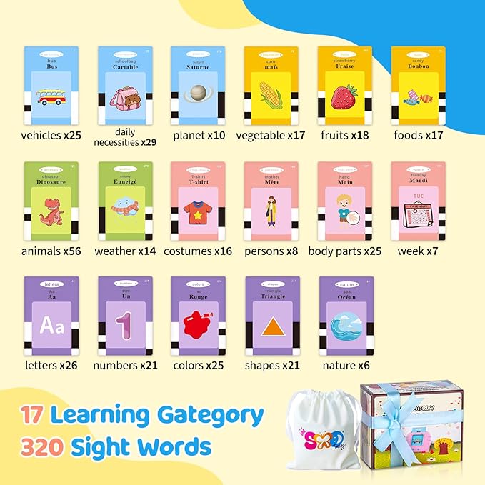 French & English Bilingual Flash Cards for Toddler/Beginning - Learning Educational Toy to Learn French/English,Talking Flash Cards for Ages 2 (Blue_French & English)