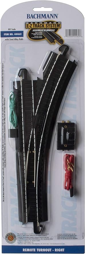 Bachmann Trains - Snap-Fit E-Z TRACK REMOTE TURNOUT - RIGHT (1/card) - STEEL ALLOY Rail With Black Roadbed - HO Scale