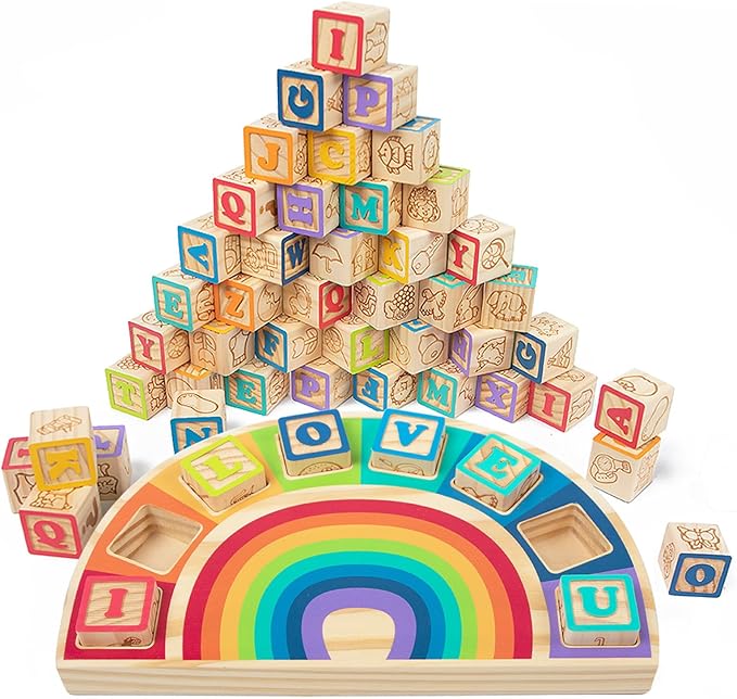 Building Blocks Set Wooden Blocks for Toddlers Rainbow ABC Letter Alphabet Stacking Blocks 26 Pcs Montessori Toys Educational Learning Toys for Kids Age 18 Months for Girls Boys