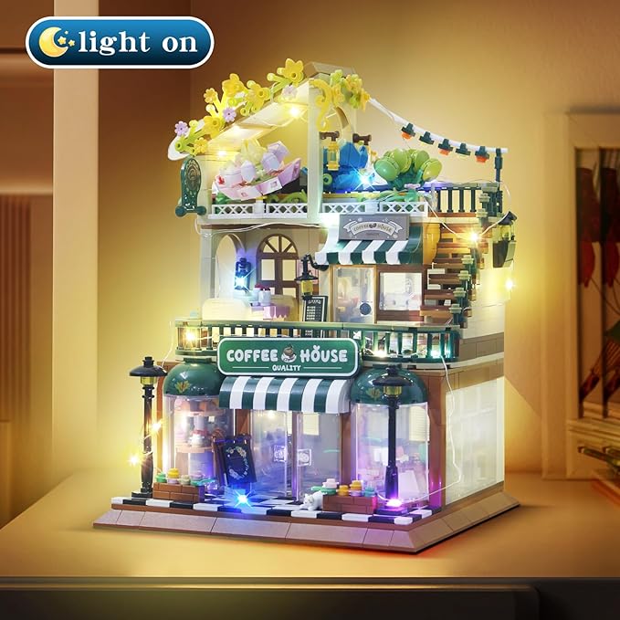 1470PCS Coffee Shop House Architecture Building Set(Not Compatible with Lego House Size,3.6MM Mini Bricks),Cafe Shop City Construction Building Model Kit,Unique Collection Present Toy for 6+