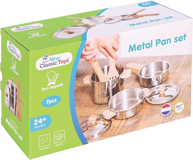 New Classic Toys Metal Pan Set - Pretend Play Toy for Kids Cooking Simulation Educational Toys and Color Perception Toy for Preschool Age Toddlers Boys Girls
