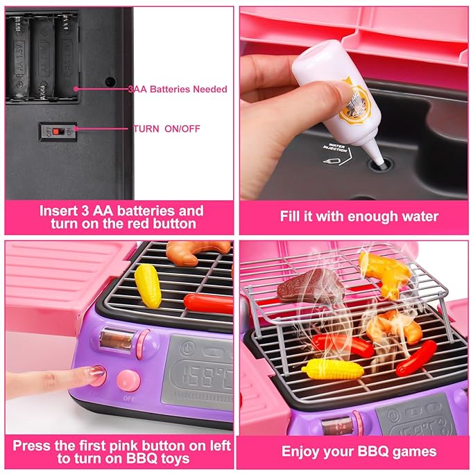 Kids BBQ Grill Playset Kitchen Toy Set with Pretend Smoke Sound Light Toddler Girls Pink Play Food Ages 2-4 3-5 4-8 Indoor Outdoor Cooking Barbecue Toys for 2 3 4 Year Old Girl Birthday Valentine Gift