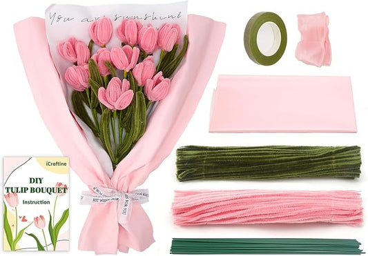 iCraftine 200 Pieces Pipe Cleaners Craft Supplies DIY Chenille Stems Tulip Bouquet Kit with Step-by-Step Video Tutorials for Wedding Gift, Holiday Decoration