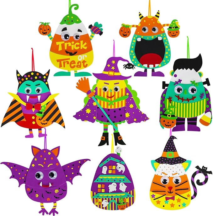 Winlyn 32 Sets Halloween Crafts Kits DIY Halloween Ornaments Decorations Art Sets Pumpkin Monster Jack-o'-Lantern Stickers Arts Crafts Supplies Kit Googly Eyes for Kids Party Home Classroom Activities