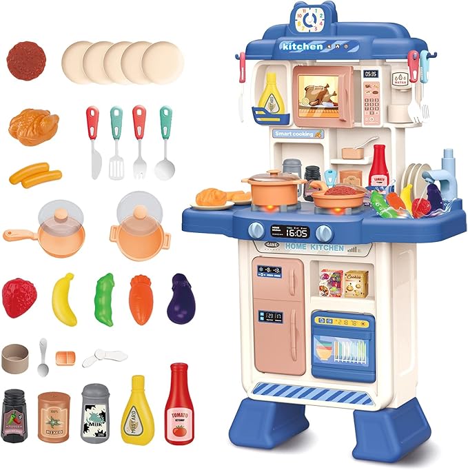 deAO Kids Kitchen Playset 35PCS Play Kitchen Toys Accessories with Sounds Lights,Cooking Stove Steam,Pretend Play for Toddler Aged 3 4 5 6 7 8 Years (Blue)