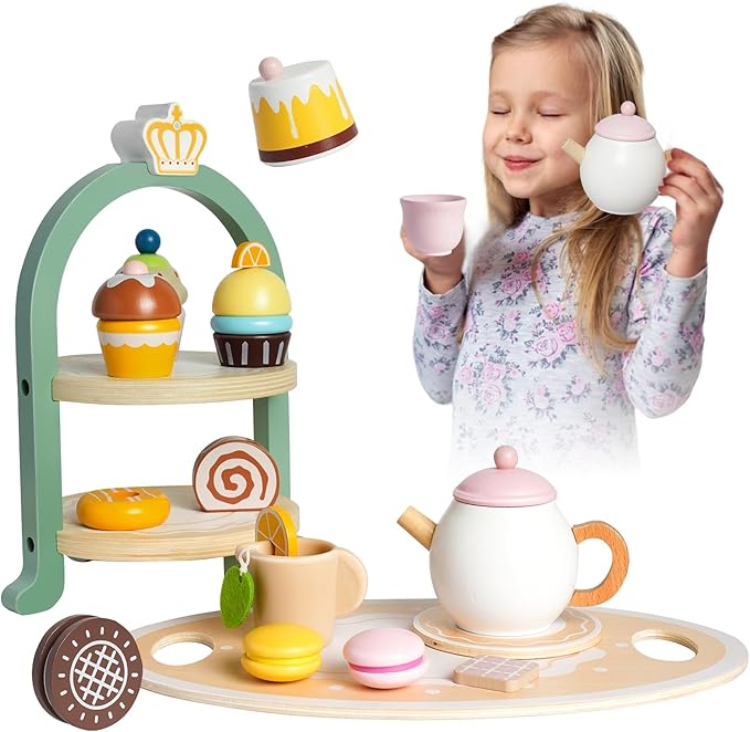 Wooden Tea Party Set for Little Girls,Pretend Play Kitchen Accessories for Toddler 2-10 Years Old,20pcs Wooden Toys for 2 3 4 5 6 Year Old Girl Birthday Gift
