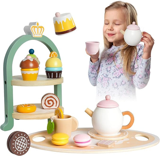 Wooden Tea Party Set for Little Girls,Pretend Play Kitchen Accessories for Toddler 2-10 Years Old,20pcs Wooden Toys for 2 3 4 5 6 Year Old Girl Birthday Gift