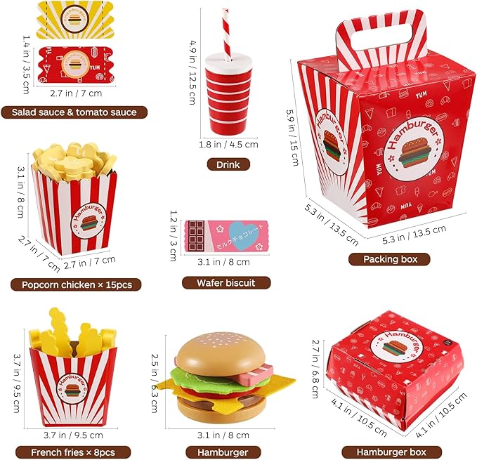 Wooden Fast Food Burger Fries Deluxe Dinner Set, Kitchen Pretend Play Accessories Toy, Realistic Burger Fries Pretend Play Food Set Toy House Props Educational