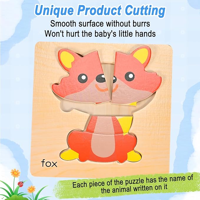 8pcs Wooden Puzzles for Toddlers 1 2 3 4, Toddler Puzzles Ages 1 2 3 4, Montessori Educational Jigsaw Toys Puzzles Christmas Birthday Gift for Kids Girl Boy 1-4 Year Old (Zoo Animals)
