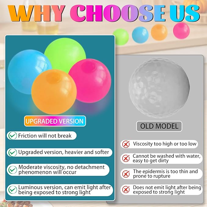 4Pcs Glow in The Dark Sensory Balls, Upgraded Glowing Sticky Balls Stick to The Ceiling, Stress Relief Sensory Ball Toys for Adults & Kids, Stocking Stuffers, Asmr Cool Stuff & Party Favors