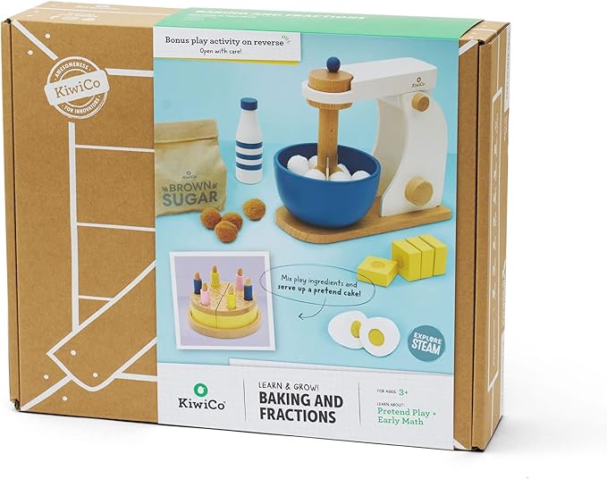 KiwiCo Bake-a-Cake Stand Mixer: Kids Baking Set Ages 3+ | Learn Early Math with Wooden Kitchen Play Set | Includes Cake, Stand Mixer, Measuring Spoons, Flour, Sugar, Play Mat, and Recipe Cards