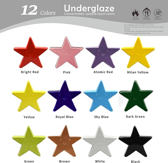 Set of 12 Ceramic Underglaze Paint Colors for Clay, 2 fl oz/60 ml, 12-Color Underglaze Set, Assorted Colors for Ceramic and Pottery Painting, Ideal for Art Projects