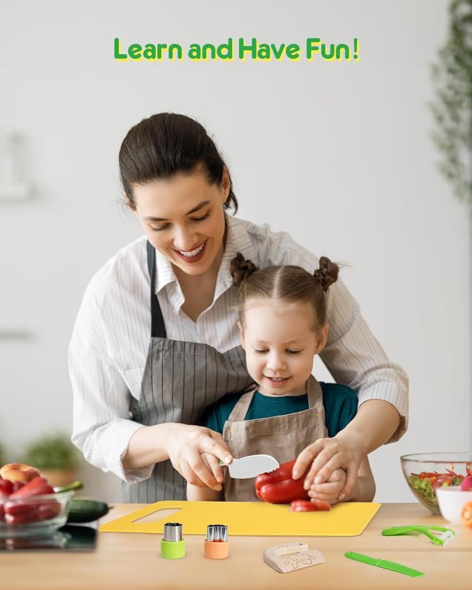 melican Kids Kitchen Knife Set, 11 Pcs Montessori Kitchen Tools for Toddlers 3+ Real Cooking, Include Kid Knives, Crinkle Cutter, Sandwich Cutters, Peeler, Cutting Board, Ideal for Birthday Gifts