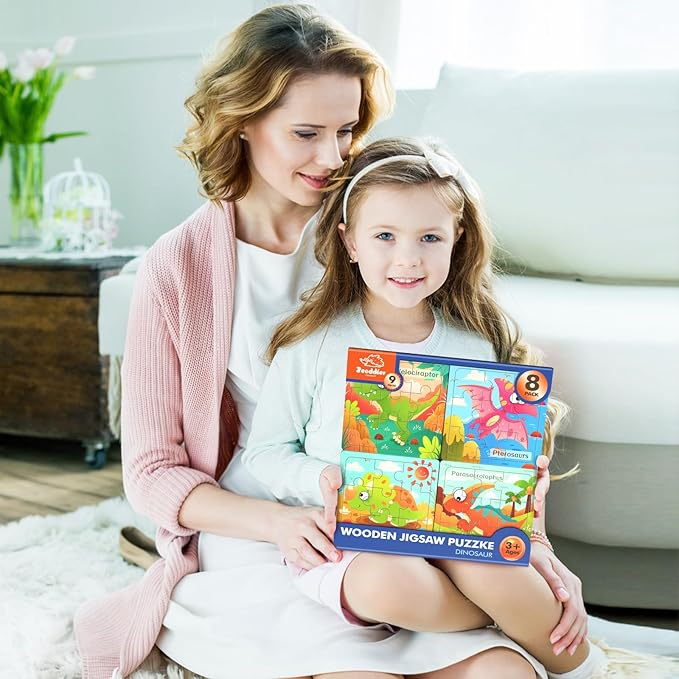 Wooden Puzzles for Toddlers, 8 Pack Dinosaur Jigsaw Puzzles for Kids3-5, 9 Pieces Preschool Learning Activities, Learning & Educational Puzzles, Gift for Boys, Girls