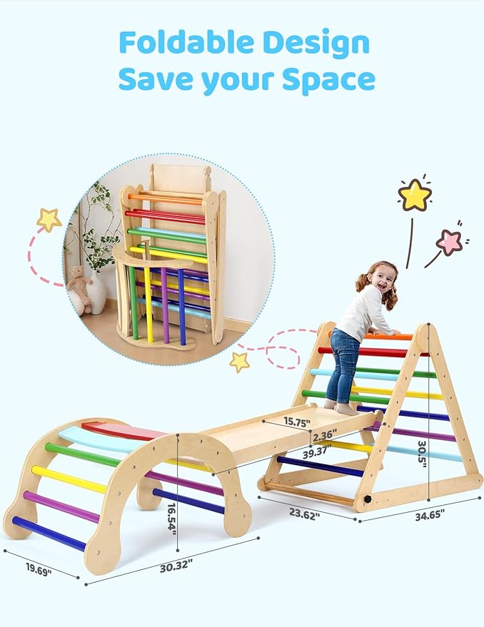 YOLEO Large Pikler Triangle Set, Wooden Toddler Climbing Toys Indoor with Safer Sturdy Base, Montessori Pikler Triangle Climbing Set for Kids' Indoor Climber & Playground & Jungle Gym (Rainbow)