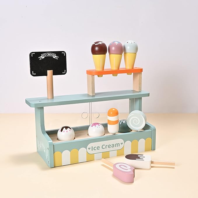Wooden Ice Cream Toy Set, Toddler Pretend Play Kitchen Accessories Kids Wooden Toys for Kids, Perfect for Christmas Birthday Gift