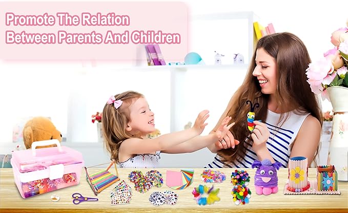 Irichna 1000+ Pcs Art and Craft Supplies for Kids, Toddler DIY Craft Art Supply Set Included Pom Poms, Pipe Cleaners, Feather, Folding Storage Box - All in One for DIY Craft Set (Pink)