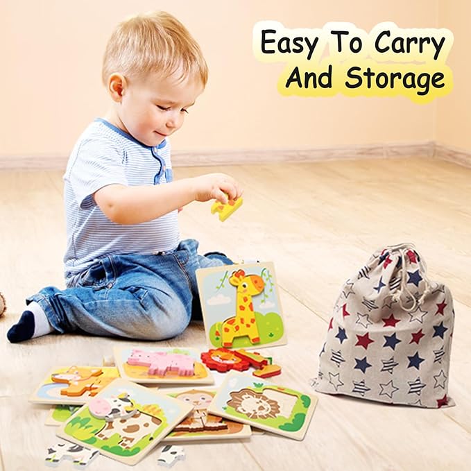 Wooden Puzzles for Toddlers 2-4, 8 Pack Animal Puzzles for 1-3 Years Boys Girls, Montessori Educational Toy for Ages 1-4, Baby Learning Toys Gifts with Storage