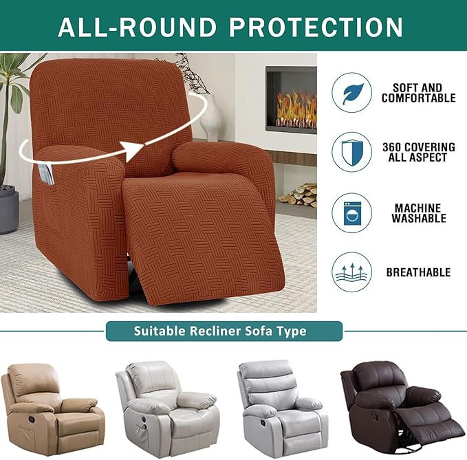 NILUOH Recliner Cover 4 Pieces Stretch Jacquard Recliner Chair Cover with Side Pocket Anti-Slip Fitted Washable Reclining Chair Protector with Elastic Bottom for Kids, Pets, Dogs
