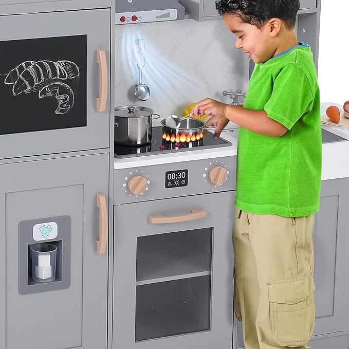 Wooden Play Kitchen with Cookware Accessories, Wooden Chef Pretend Play Set with, Wooden Cookware Pretend with Microwave, Oven, Sink, Real Lights & Sounds, Grey (201GA)