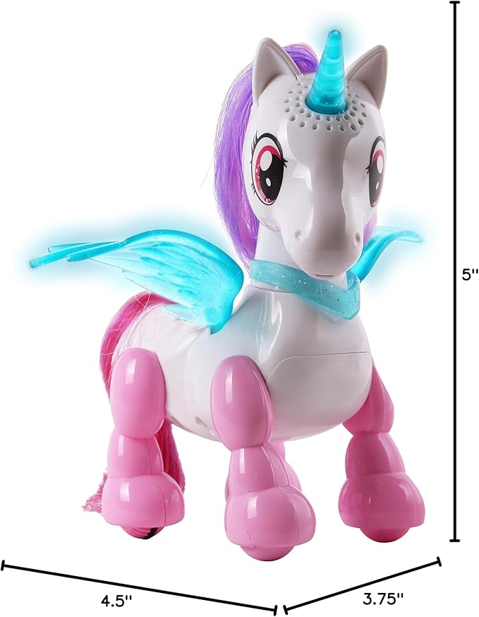 NKOK USB PetBotz - Robo Unicorn, Rechargeable, Miniature, Interactive pet Robot, Lights up, Sound Activated, Makes Noises on Command, Comes with Necklace and Hair Brush, USB Charger Included