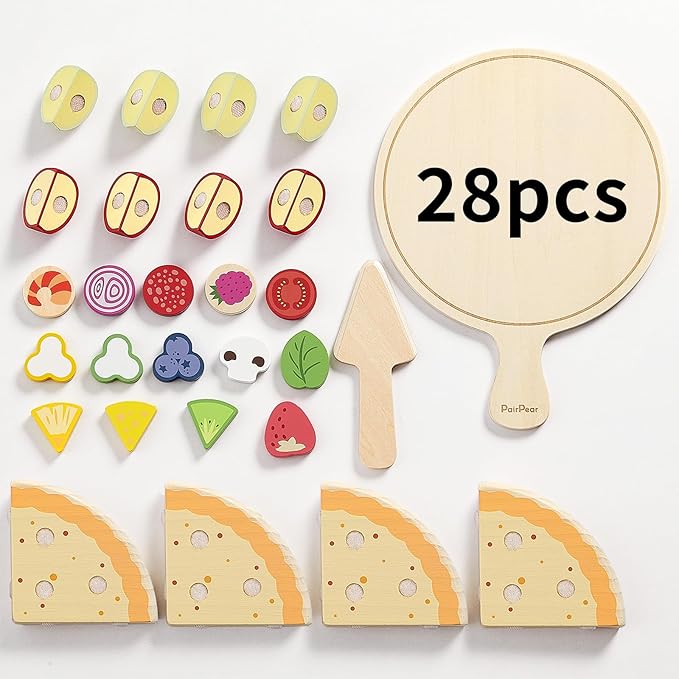 PairPear Wooden Pizza Toy Cutting Play Food Set, Kids Pretend Play Kitchen Accessories, Wooden Kids Kitchen Playset, Pizza Making Toy Set Cooking Gifts for Boys Girls Age 3+