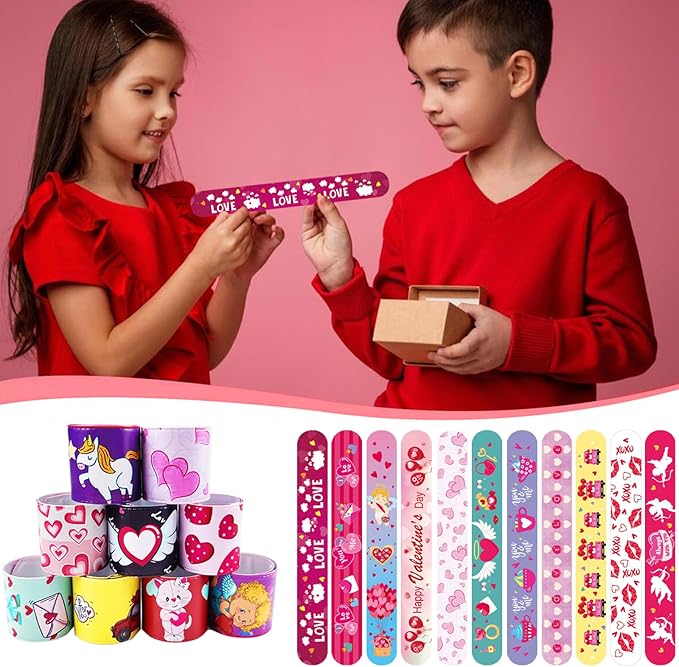 100Pcs Valentine's Day Slap Bracelets, Valentine Party Favors Snap Wristbands for Kids Exchange Gifts, Goodies Stocking Stuffers, Classroom Prizes