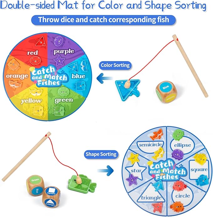 Montessori Toy for Toddlers 1-3, Fine Motor Skill Wooden Magnetic Fishing Game for Year Old Kids, Early Learning Color and Shape Sorter Toys for Ages 2-4 Girls Boys Preschool Educational Gift