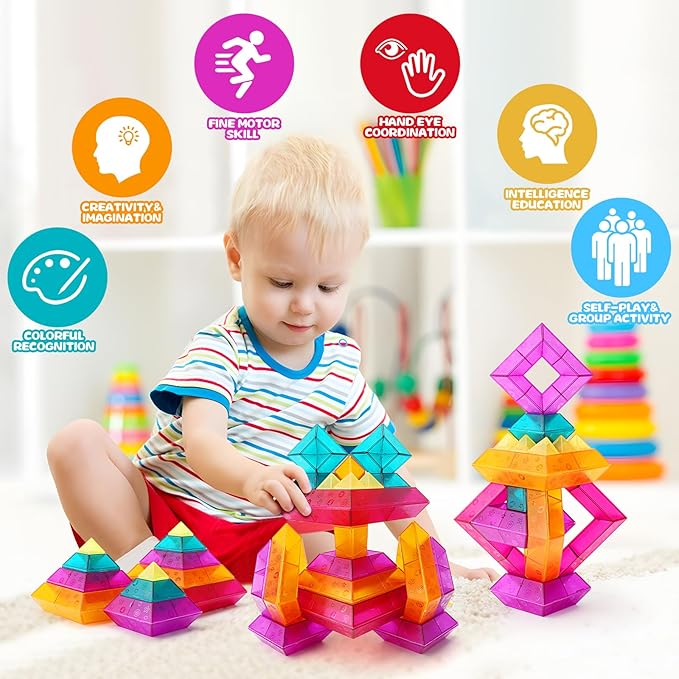 Building Block Sets for Toddlers 2 3 4 5 6 Year Old | 30 Pcs Pyramid Stacking Blocks Toys for Boys Girls | STEM Preschool Educational Light Table Toys Gifts for Toddlers Kids Age 2-4 3-5
