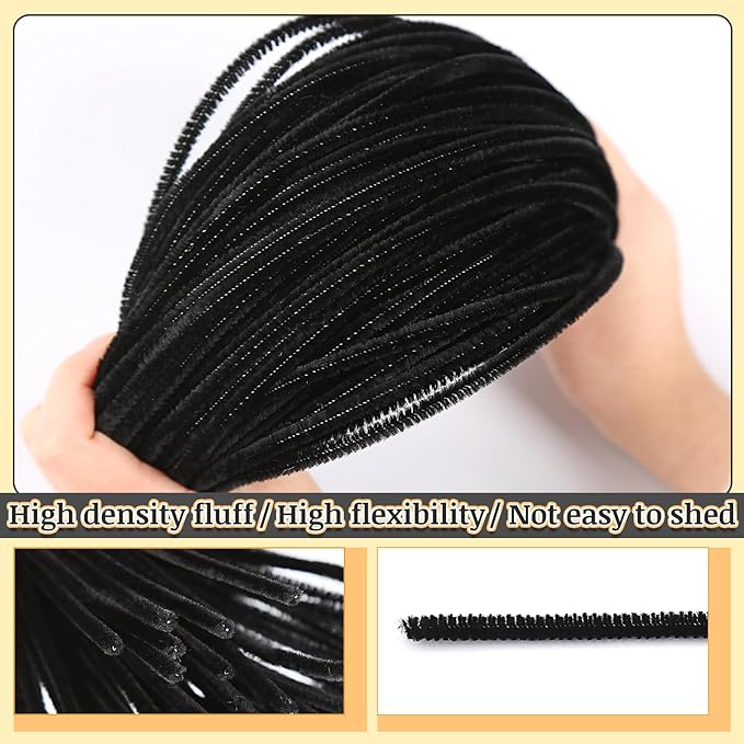 Zlulary 300 PCS Black Pipe Cleaners, Pipe Cleaners for Hair, Pipe Cleaner Crafts Fluff Fuzzy Stick Pipe Cleaners Bulk for Wig Weaving DIY Halloween Decorations