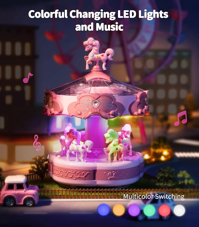 Geyiie Nail Polish Toys Makeup Set with Jewelry Making Kits, DIY Bead Bracelet Making Kit, Girls’ Vanity Set in Carousel, Nail Art Kits Gifts for Girls Teens Age 5-12