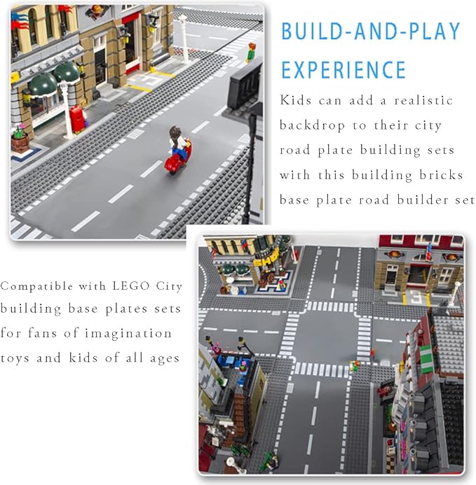 Classic City Street Baseplates 10” x 10” Building Brick Block Highway Race Track Base Plate Toy Kit, Compatible with Lego, 2 Straight + 4 Curved Road Baseplates