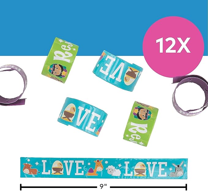 Fun Express Nativity Slap Bracelet Assortment for Kids - 12 Pieces - Religious Christmas Supplies, Sunday School Handouts