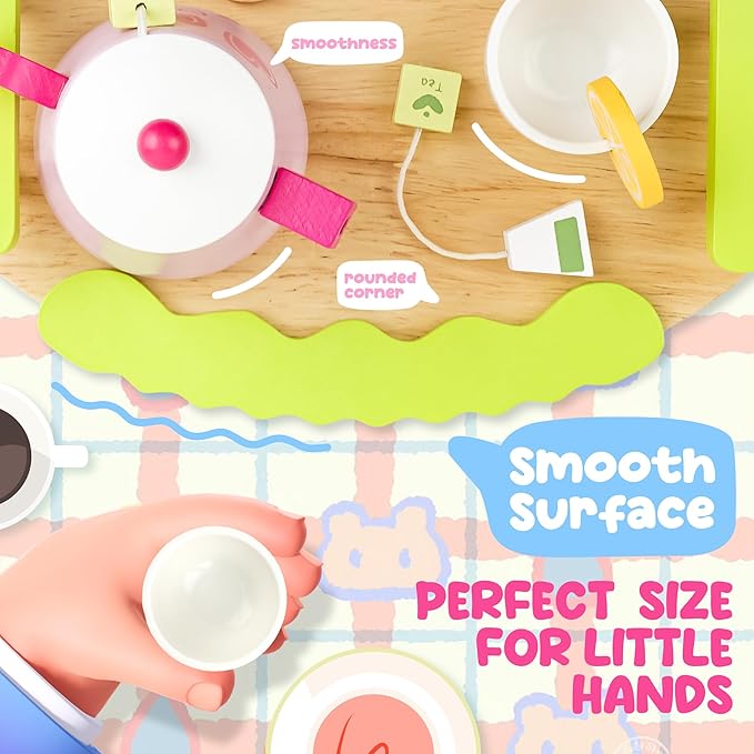 Wooden Play Tea Set for Little Girls - Tea Party Set with Teapot, Cookies, Pretend Play Food and Other Kitchen Accessories, Toys for Girls Boys 3 4 5 6 7 8 Years Old