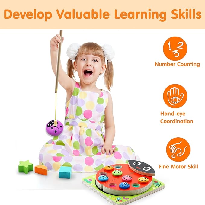Wooden Ladybug Montessori Toys for 1 2 3 4 Year Old Boy Girl Christmas One 1st Birthday Gift Magnetic Fishing Game for Toddler 1-3 2-4 Educational Learning Number Counting Shape Sorter Sorting