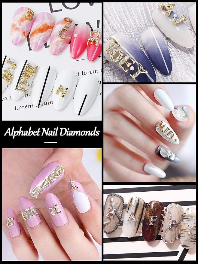 156Pcs Rhinetone Letters Nail Studs, Kalolary Gold Silver 3D Capital Rhinetone Nail Letter English Alphabet Stud Charm DIY Manicure Nails Jewelry Making Crafts Decoration for Women Girls