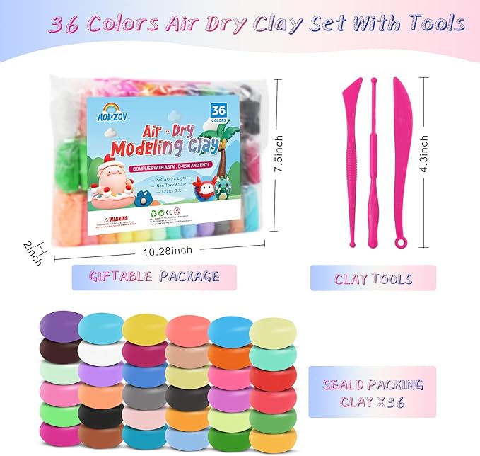 36 Colors Air Dry Clay for Kids, Modeling Clay Kit, Magic Foam DIY Clay with 3 Sculpting Tools, Ultra Light & Soft Clay, Safe & Non-Toxic & No Baking, Art Crafts Gift for Children by AORZOV