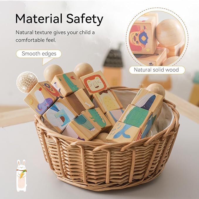 Promise Babe Wooden Animal Puzzle Toy for Toddlers 1-3, Rotating Spin Twist Blocks Set of 2, Learning Educational Montessori Toy Gifts for Kids Boys Girls, Fox and Tiger