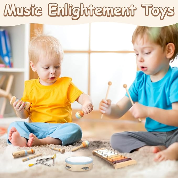 Baby Musical Instruments, Montessori Musical Toys for Toddler Neutral Colors Wooden Toys Percussion Instruments Set with Modern Boho Xylophone Birthday Easter Gifts for Kids Preschool Educational