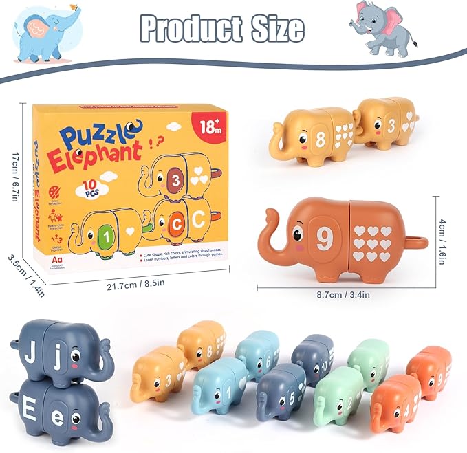 10PCS Elephant Number & Alphabet Learning Toys for Toddlers 2-4, Toddler Preschool Learning Activities, Educational Montessori Toys for 2 Year Old, Double Sided Matching Game 1-10 & A-J