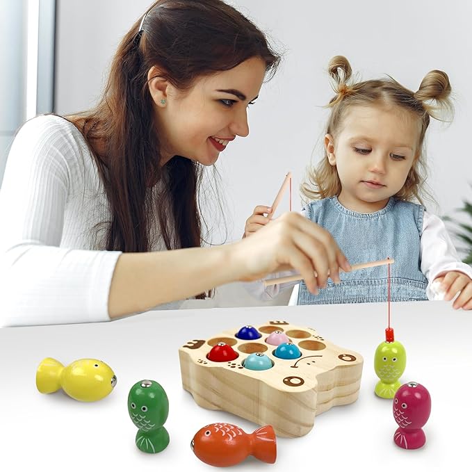 Wooden Magnetic Fishing Game for Toddlers 1-3, Frog Fishing Color Sorting Montessori Sensory Preschool Educational Learning Fine Motor Skills Toys for 3 4 5 Years Old Boys Girls