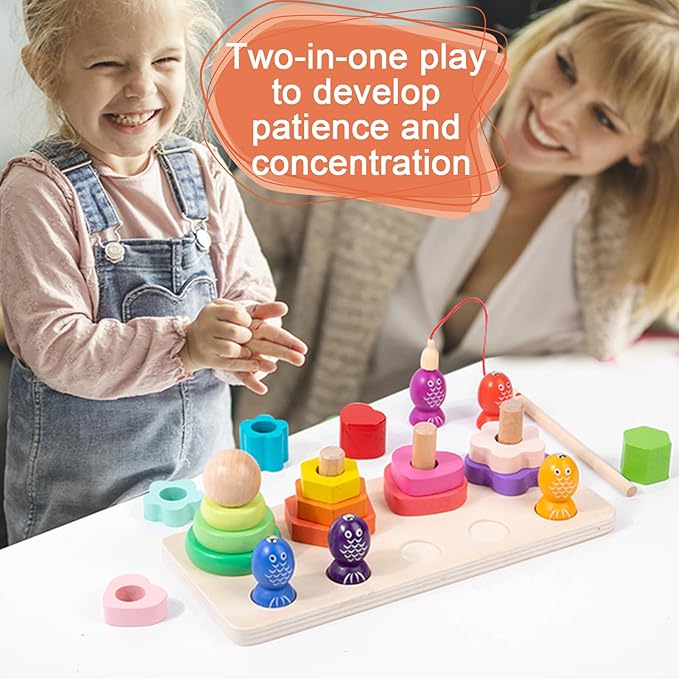 Wooden Magnetic Fishing and Shape Block Stacking Toys 2-in-1, Montessori Early Childhood Games for Toddlers, Gifts for 3-Year-Old Boys and Girls