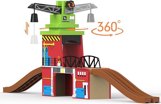 Toy Train Accessory with Track for Kids Age 3 and Up, Wooden Train Track Accessories Crane Bridge Compatible with Thomas, Brio, Chuggington, Melissa and Doug and All Major Brand Railway Track