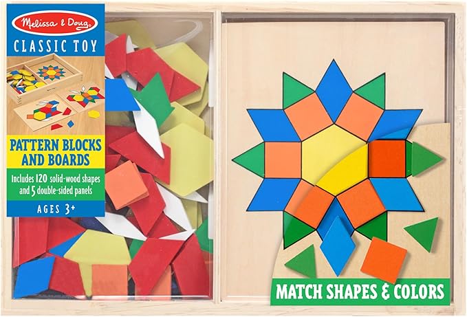 Melissa & Doug Pattern Blocks and Boards - Wooden Classic Toy With 120 Solid Wood Shapes and 5 Double-Sided Panels, Multi-colored - STEAM Animals, Tangrams Puzzle For Kids Ages 3+