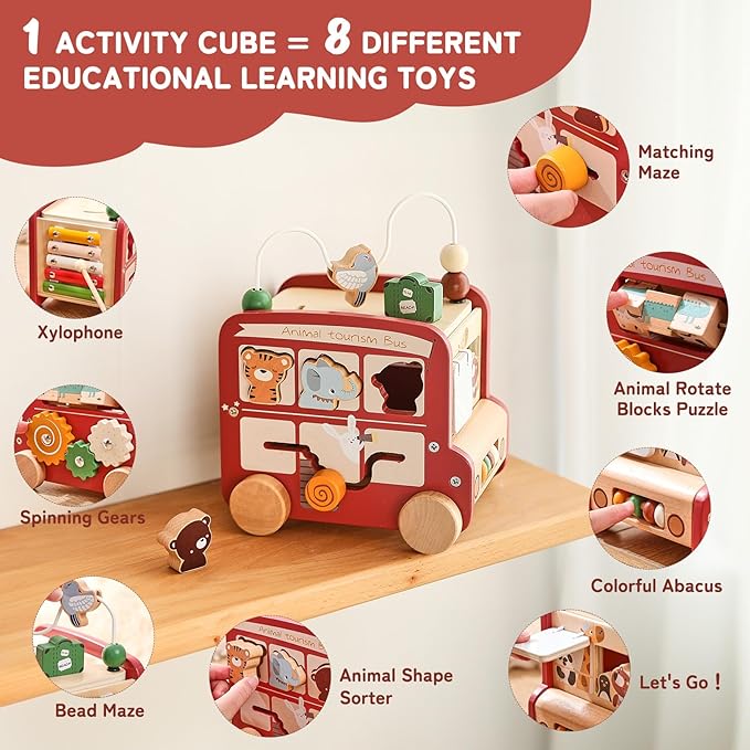 Wooden Activity Cube 8-in-1 Montessori Toys | Multifunctional Early Educational Learning Toys | Activity Cube for Baby Shape Sorter Xylophone Animal Travel Bus Toys Boy Girl Birthday Gift(Red Bus)